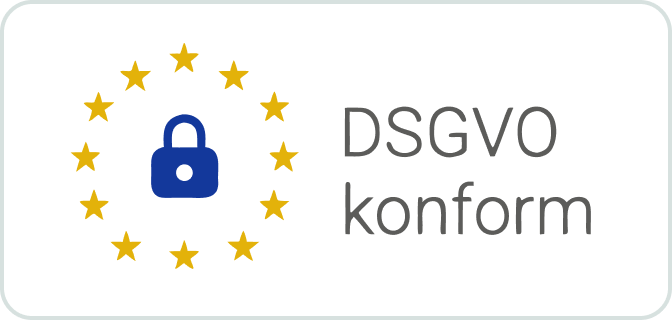 Symbol eines blauen Vorhängeschlosses umgeben von zwölf gelben Sternen im Kreis neben dem Text DSGVO konform.