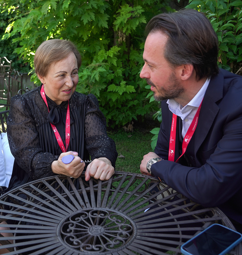 Shirin Ebadi, lawyer and Nobel Peace Prize laureate (2003), having her handprint taken by Sébastien Forest for her silvered bronze Forest Audiard Corkscrew.