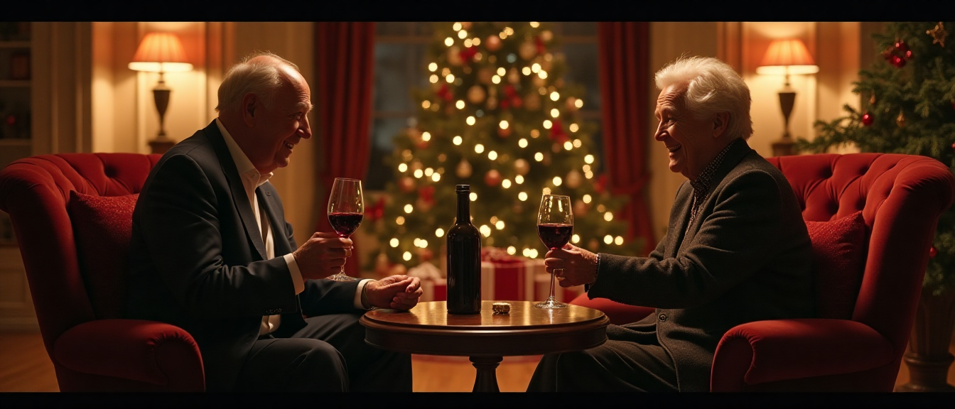 Deux hommes partageant un verre de vin un soir de Noël, moment d’émotion et de transmission, esprit Forest Audiard.