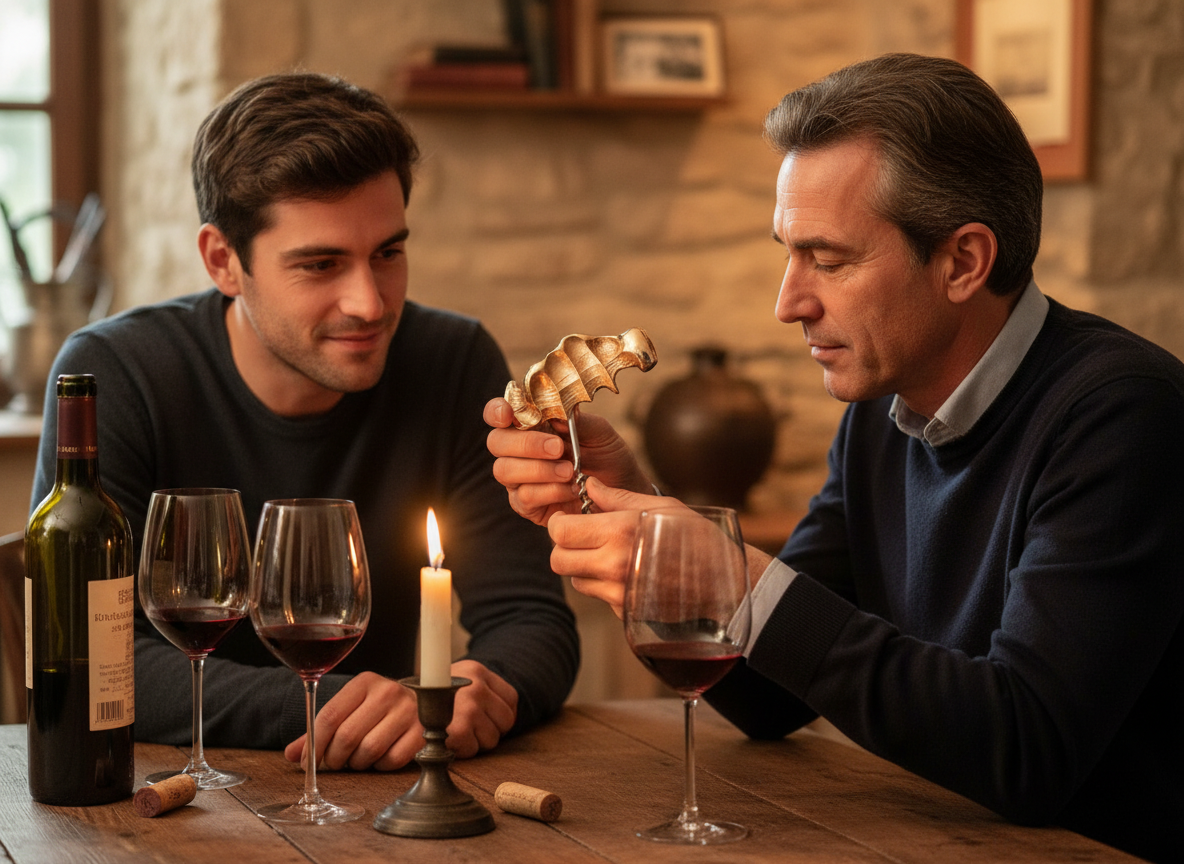 Father and son sharing a moment around a glass of wine, contemplating the Ouvre-Vin by Forest Audiard - a symbol of transmission and emotion.