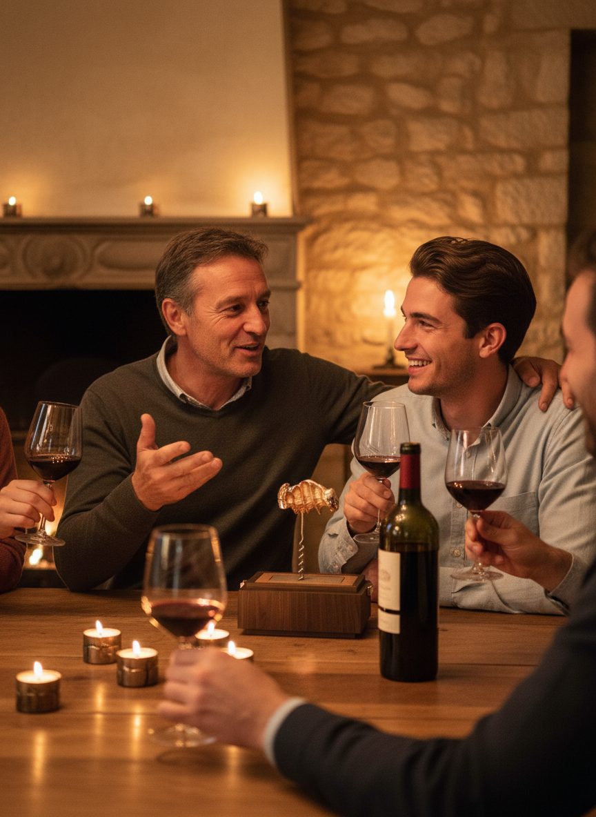 Family gathered around the bespoke Ouvre-Vin by Forest Audiard, celebrating togetherness, friendship and the French art of living.