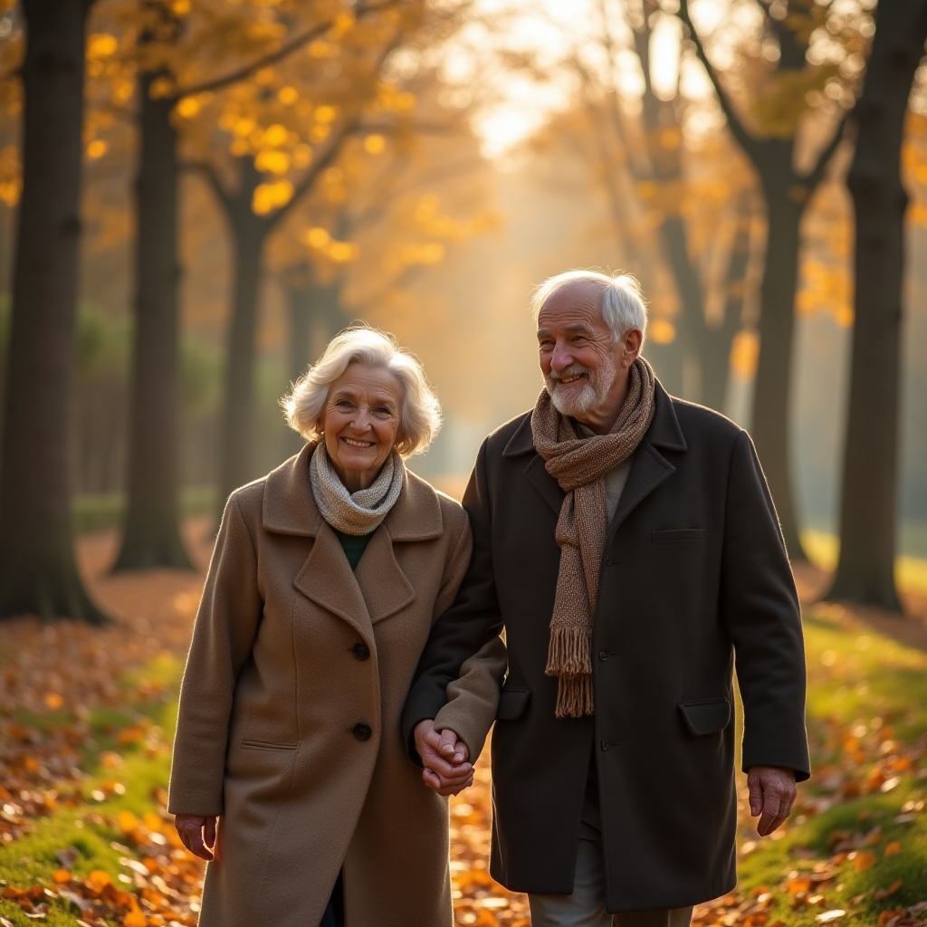 A couple celebrating their fiftieth wedding anniversary, walking hand in hand through an autumn forest, symbolizing lasting love.