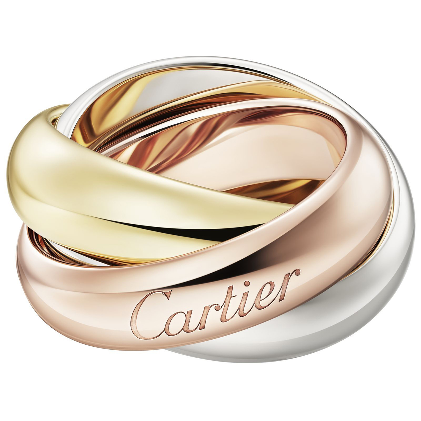 Cartier Trinity ring in yellow, white, and rose gold, a timeless symbol of eternal love and golden wedding celebration.