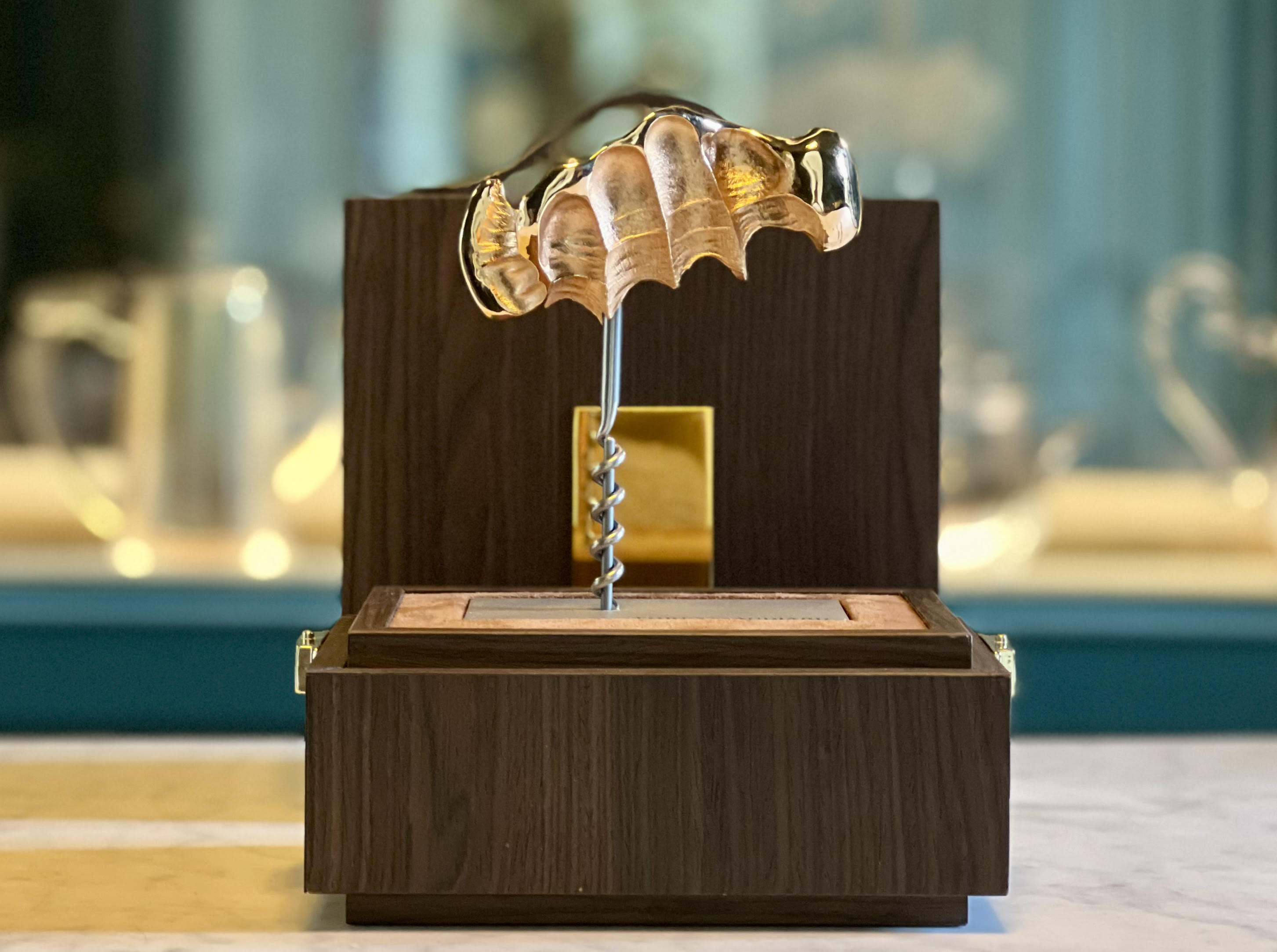 Forest Audiard Wine Opener presented in its oak case — an exceptional gift idea for wine enthusiasts.