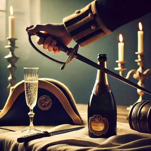 Champagne sabering, a traditional gesture inherited from Napoleon’s hussars.