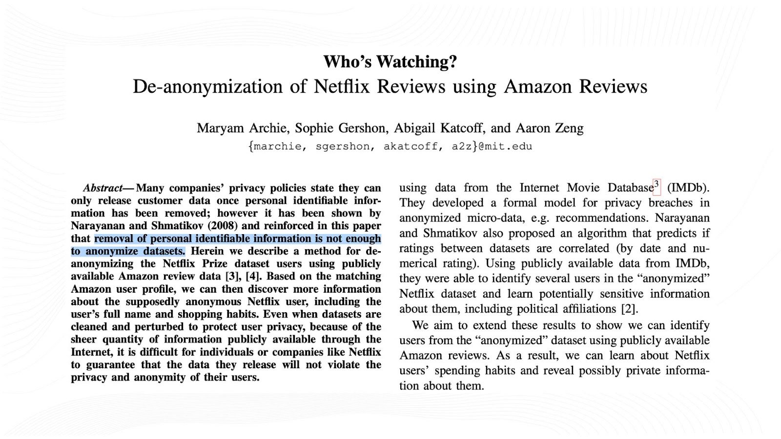 Screenshot of a research article on de-anonymization of netflix reviews using amazon reviews.