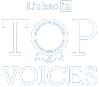 LinkedIn Top Voices badge with a ribbon inside the letter O in the word TOP.