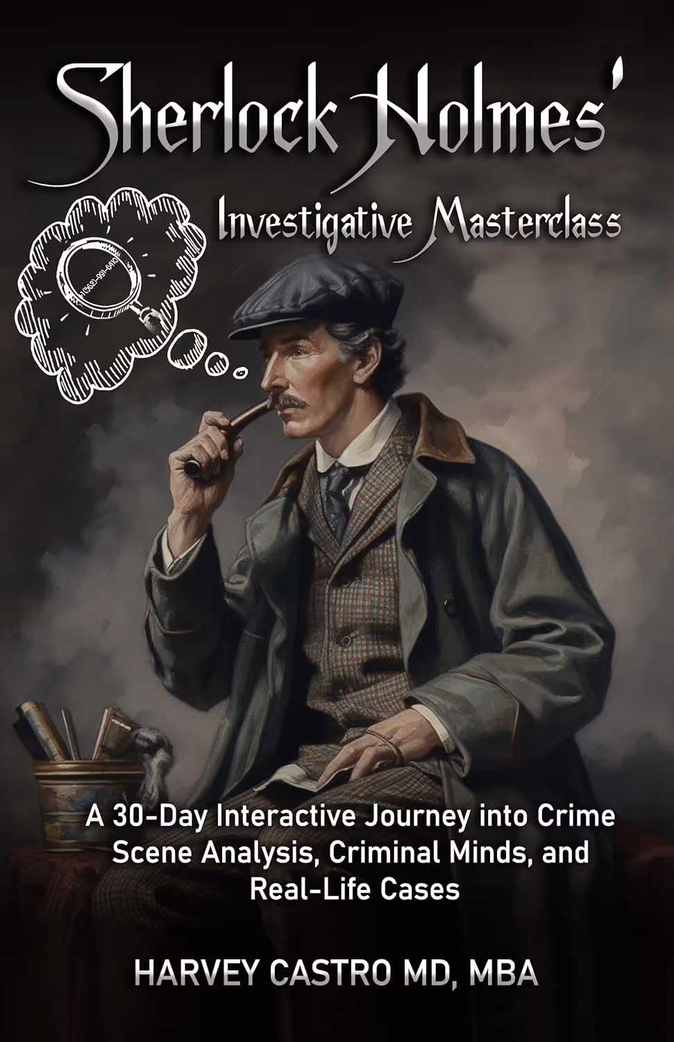 Illustration of Sherlock Holmes in vintage attire smoking a pipe with text about an investigative masterclass by Harvey Castro MD, MBA.