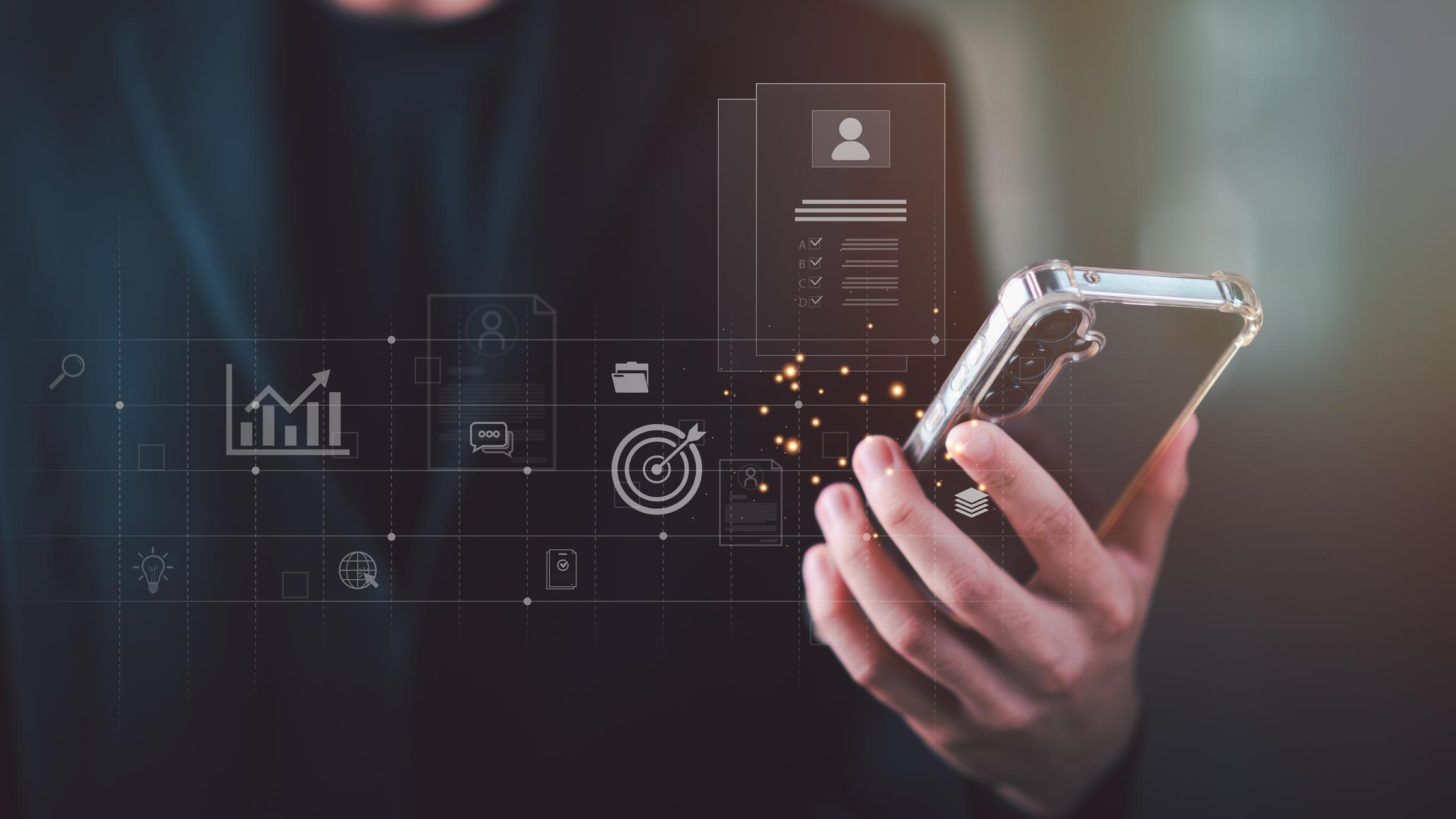 digital marketer analyzes mobile data and performance metrics on a smartphone interface, representing business analytics, strategy planning, KPI tracking, and modern technology for growth, innovation
