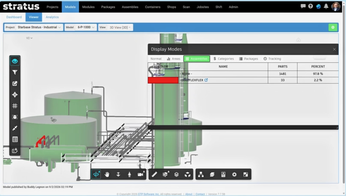 Plant 3D model in the Stratus Model Viewer with spools color-coded by assembly.