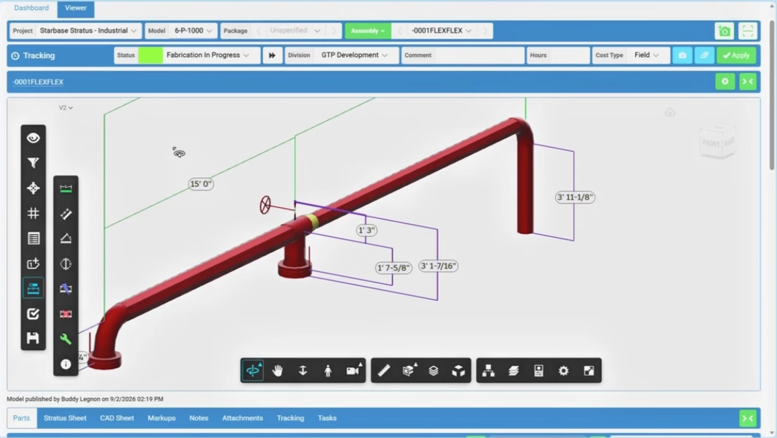 Isolated spool in Stratus showing branch locations and fabrication dimensions.