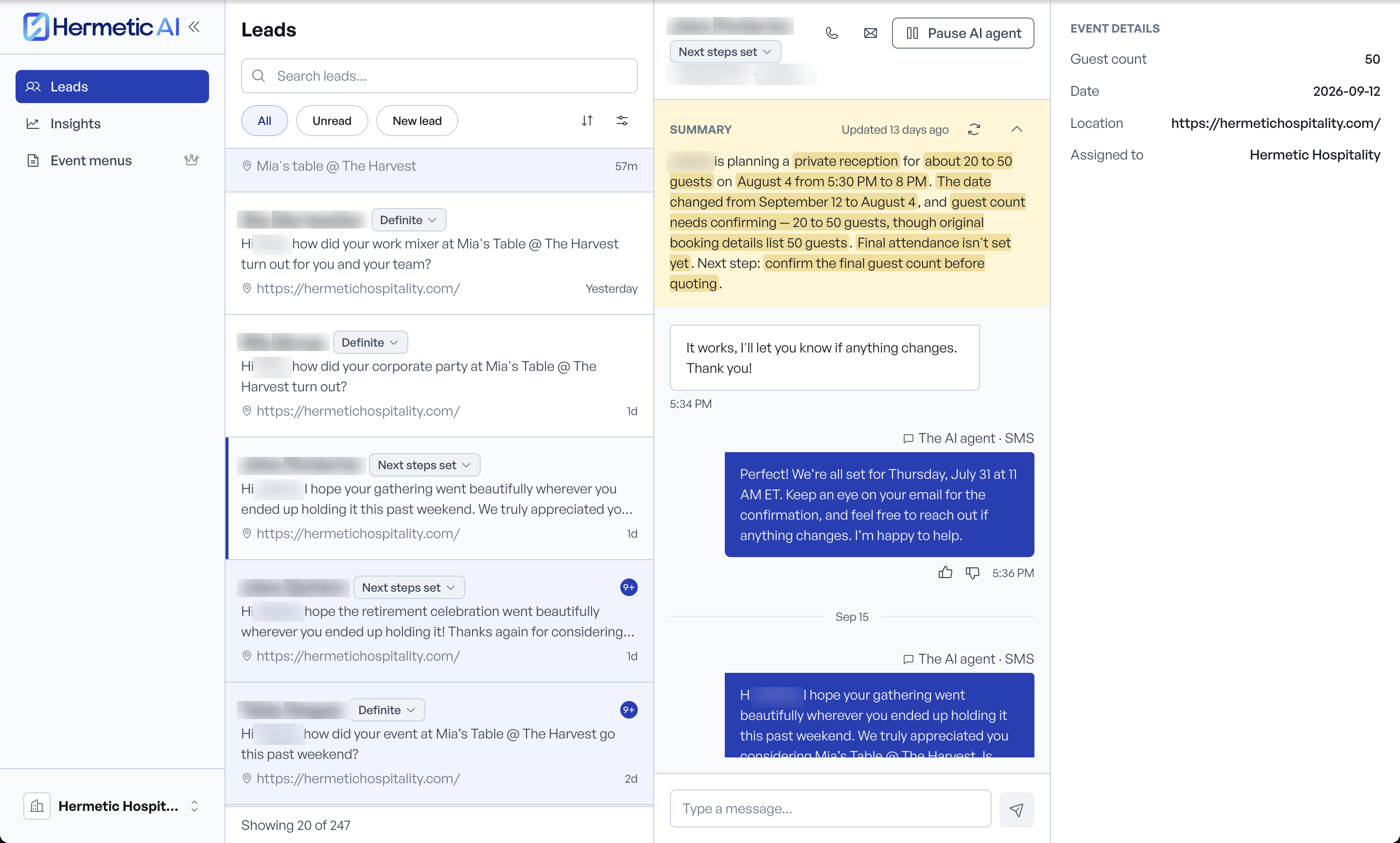 The Leads view of the Hermetic app: lead list, an open text conversation with an AI summary, the Pause AI agent button and event details. Demo account, names blurred.