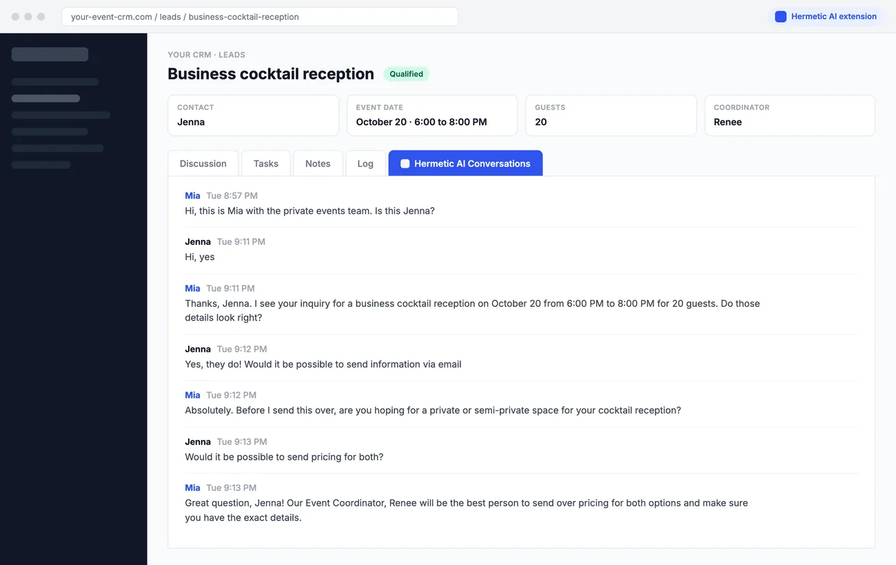 Illustration of the Hermetic AI Conversations tab inside a CRM lead record, showing a text conversation between Mia and a guest.