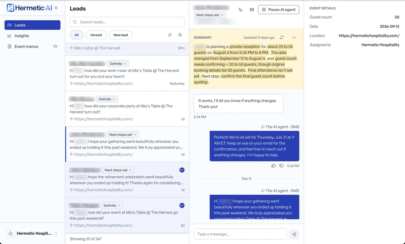 The Leads view of the Hermetic app: lead list, an open text conversation with an AI summary, the Pause AI agent button and event details. Demo account, names blurred.