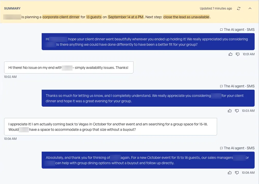 A real text exchange between Mia and a guest at a live venue, with the AI summary above it. Names blurred.