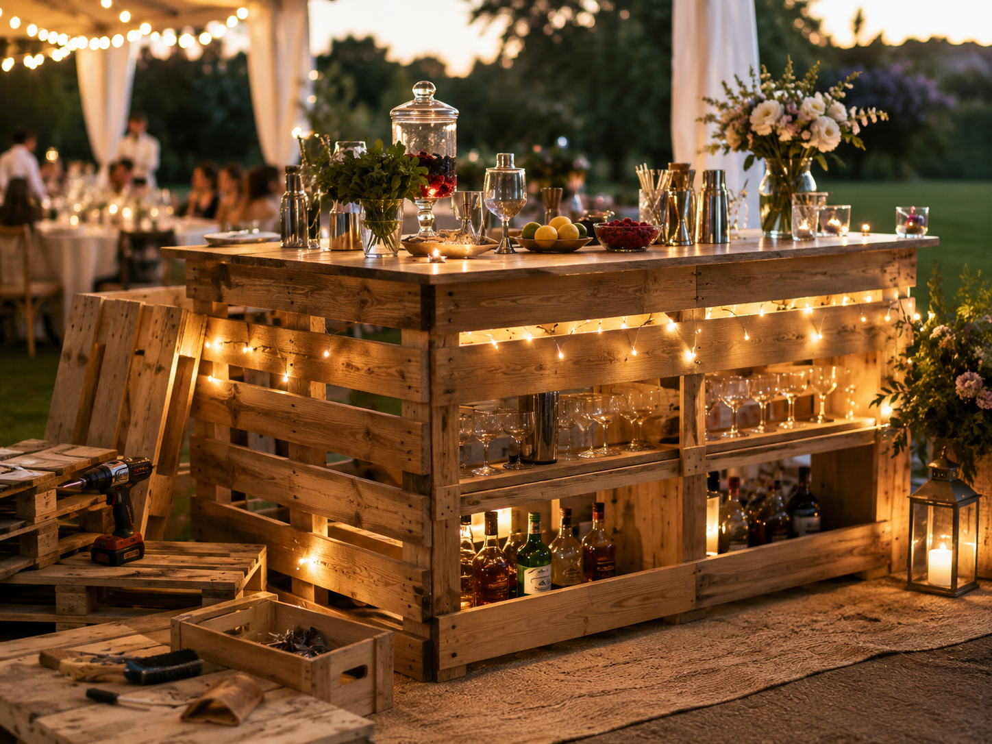 Ponçage et assemblage de palettes EPAL pour fabriquer un bar de mariage DIY