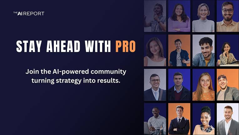 Promotional banner with text 'Stay ahead with PRO' and 'Join the AI-powered community turning strategy into results' alongside a grid of diverse smiling professionals.
