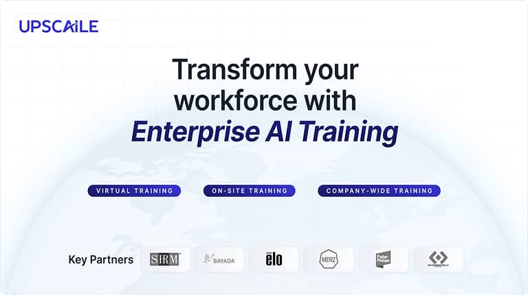 Banner with text 'Transform your workforce with Enterprise AI Training' showing types of training offered: Virtual, On-site, and Company-wide, plus logos of key partners.