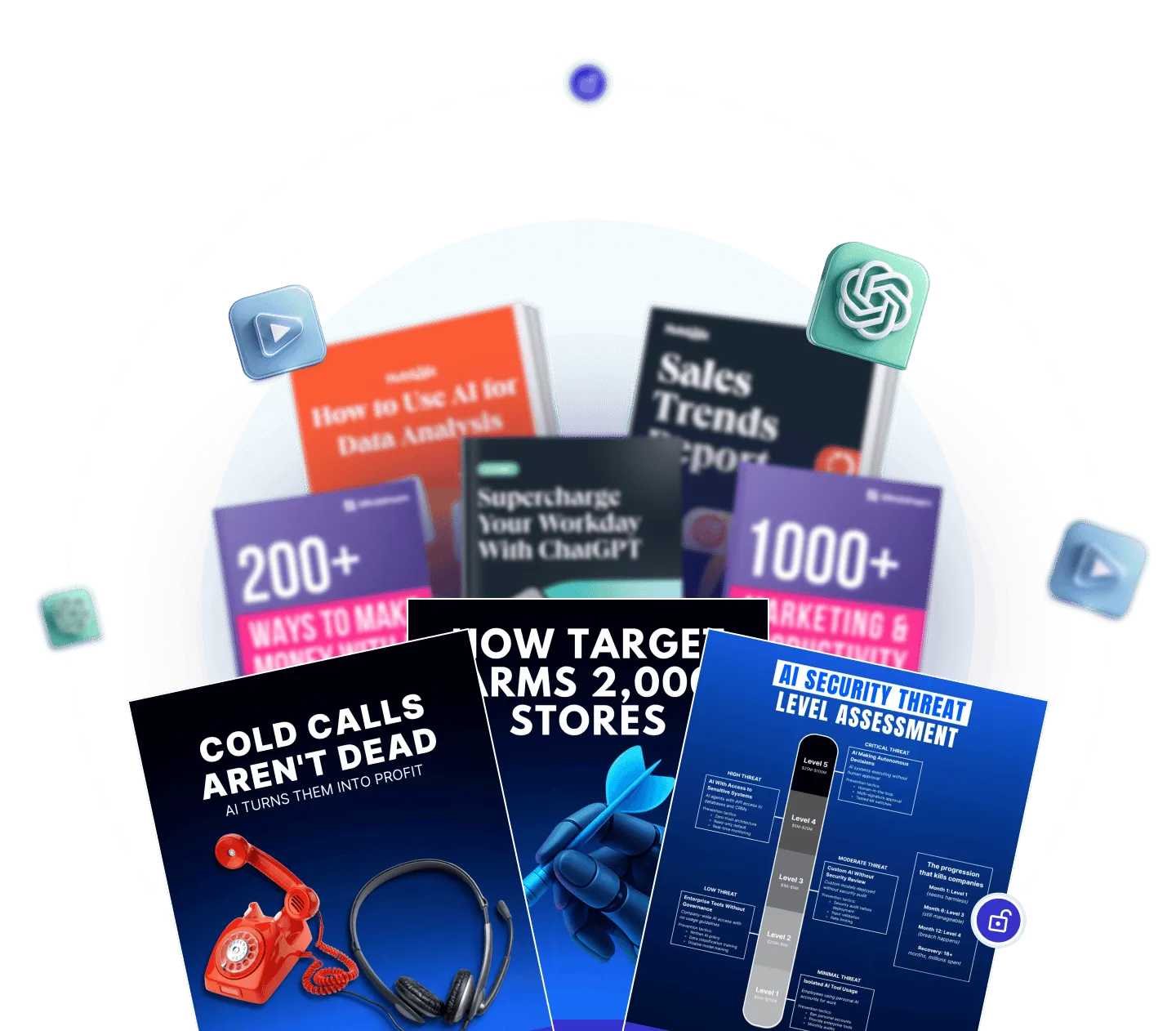 Five downloadable resource images including AI tools founders should know, AI security threat level assessment, cold calls aren't dead with red telephone and headset, targeting 2,000 stores with a robotic hand holding a dart, and AI platform battle between human and robot arm wrestling.