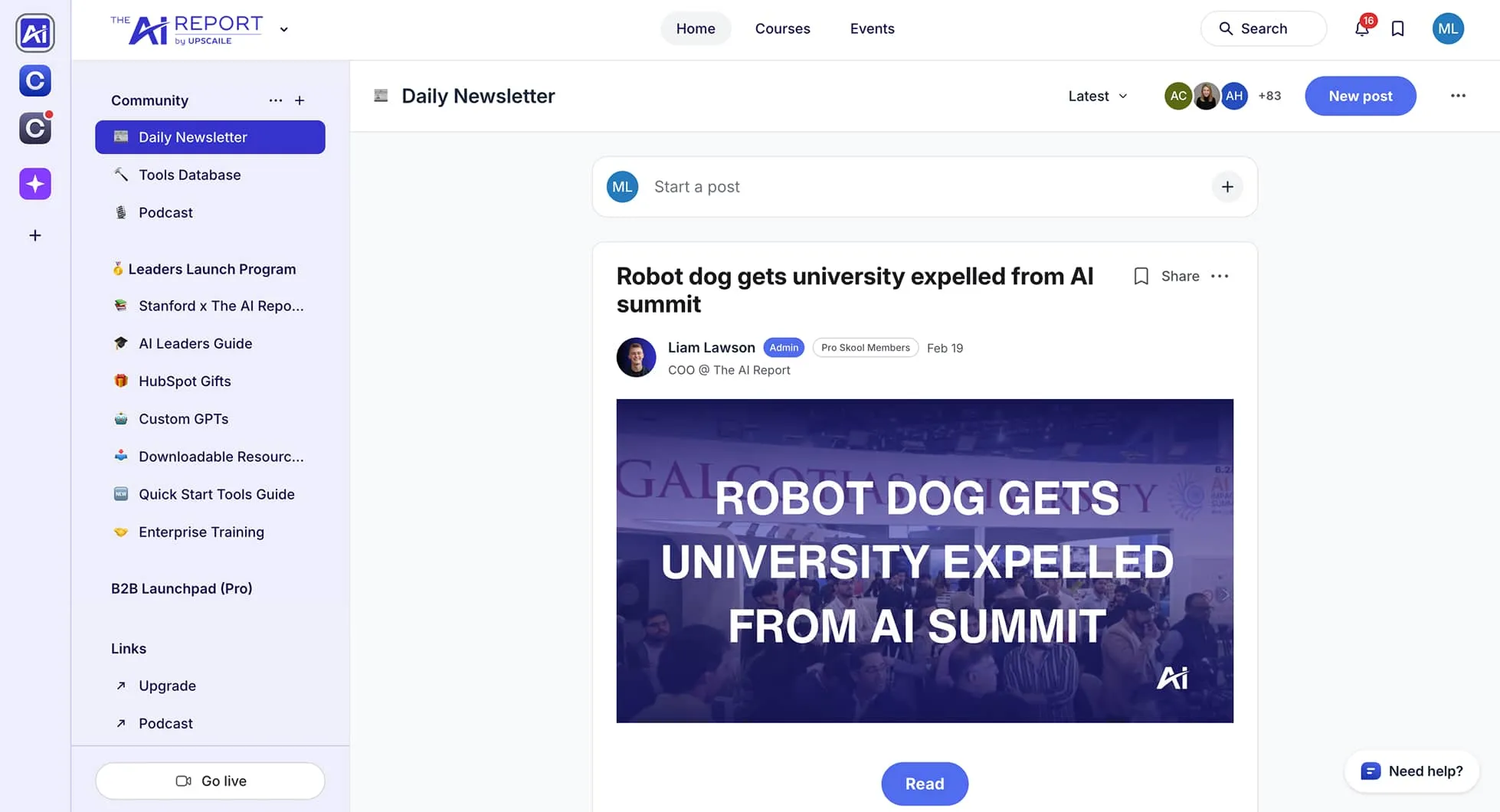 Dashboard view of The AI Report community newsletter with a post titled 'Robot dog gets university expelled from AI summit' by Liam Lawson.