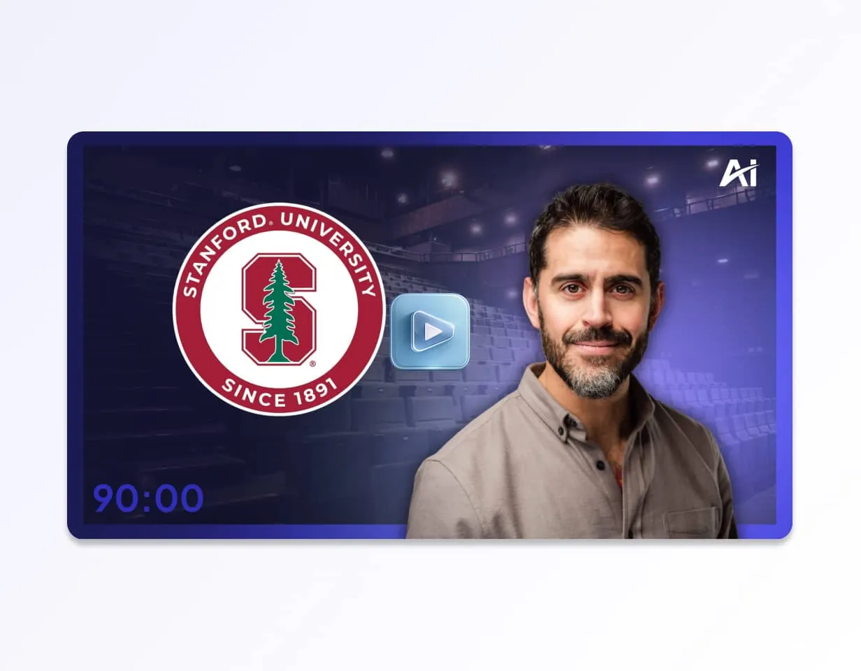 Stanford University logo next to a play button and a smiling man with dark hair and beard in a lecture hall setting.
