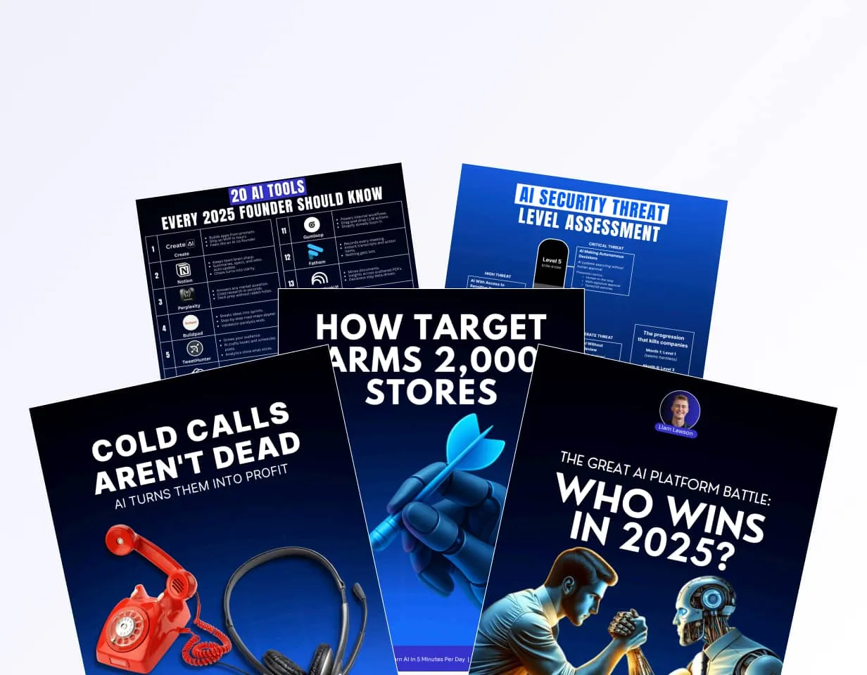 Collage of AI-themed digital resource covers including 'Cold Calls Aren't Dead', 'How Target Arms 2,000 Stores', 'The Great AI Platform Battle: Who Wins in 2025?', '20 AI Tools Every 2025 Founder Should Know', and 'AI Security Threat Level Assessment'.