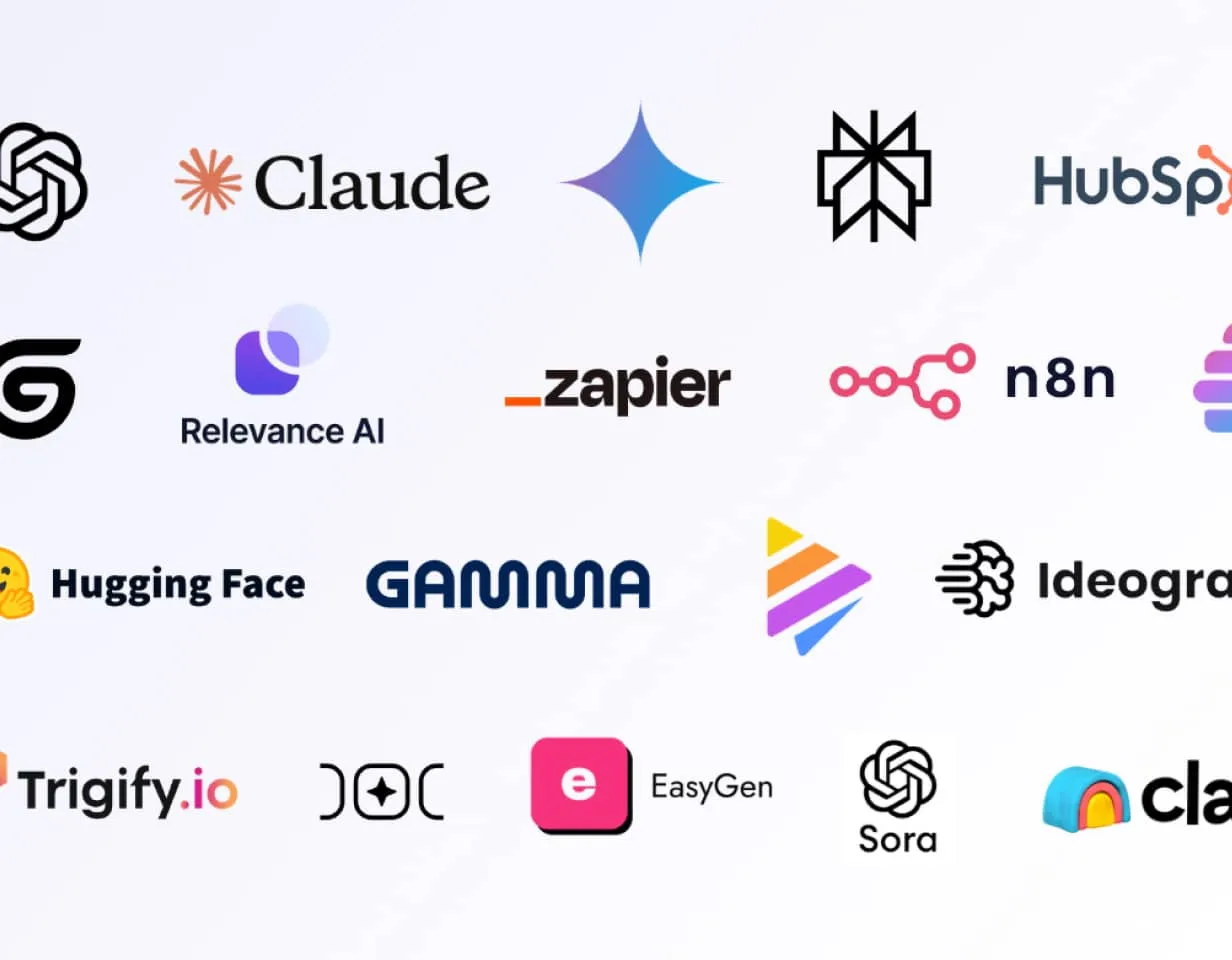 Grid of multiple AI and tech company logos including OpenAI, Claude, HubSpot, Relevance AI, Zapier, n8n, Hugging Face, Gamma, Ideogram, Trigify.io, EasyGen, Sora, and others on a light background.