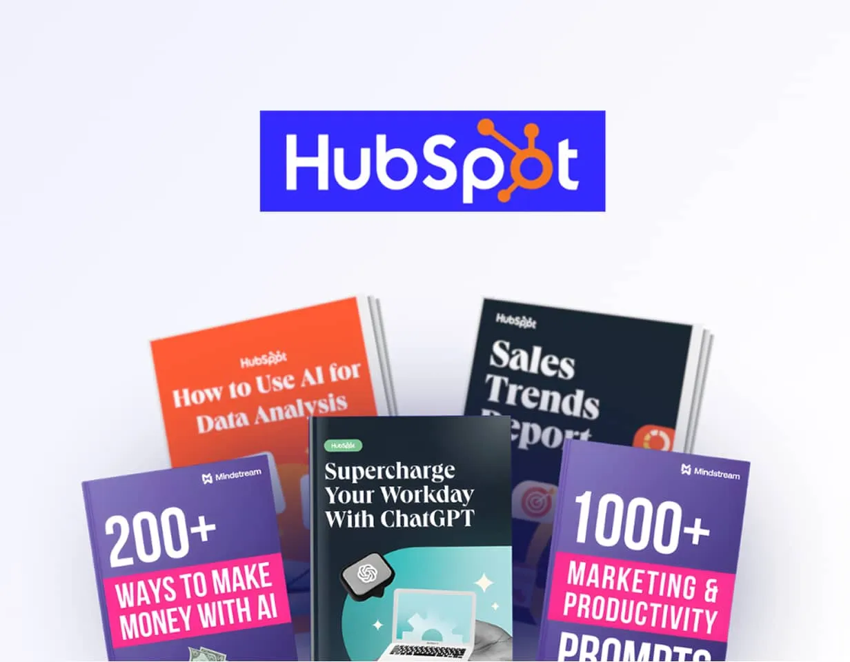 HubSpot logo above five digital guide covers about AI, including 'How to Use AI for Data Analysis' and 'Supercharge Your Workday With ChatGPT'.
