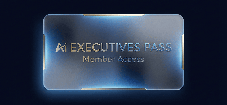 Blue translucent card with text 'Ai EXECUTIVES PASS Member Access' glowing on a dark background.