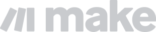 White text logo spelling 'make' with stylized vertical lines on a transparent background.