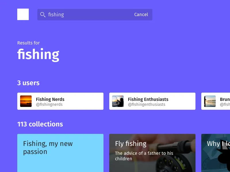 User interface of the first version of TidyCards showing the results for "fishing".