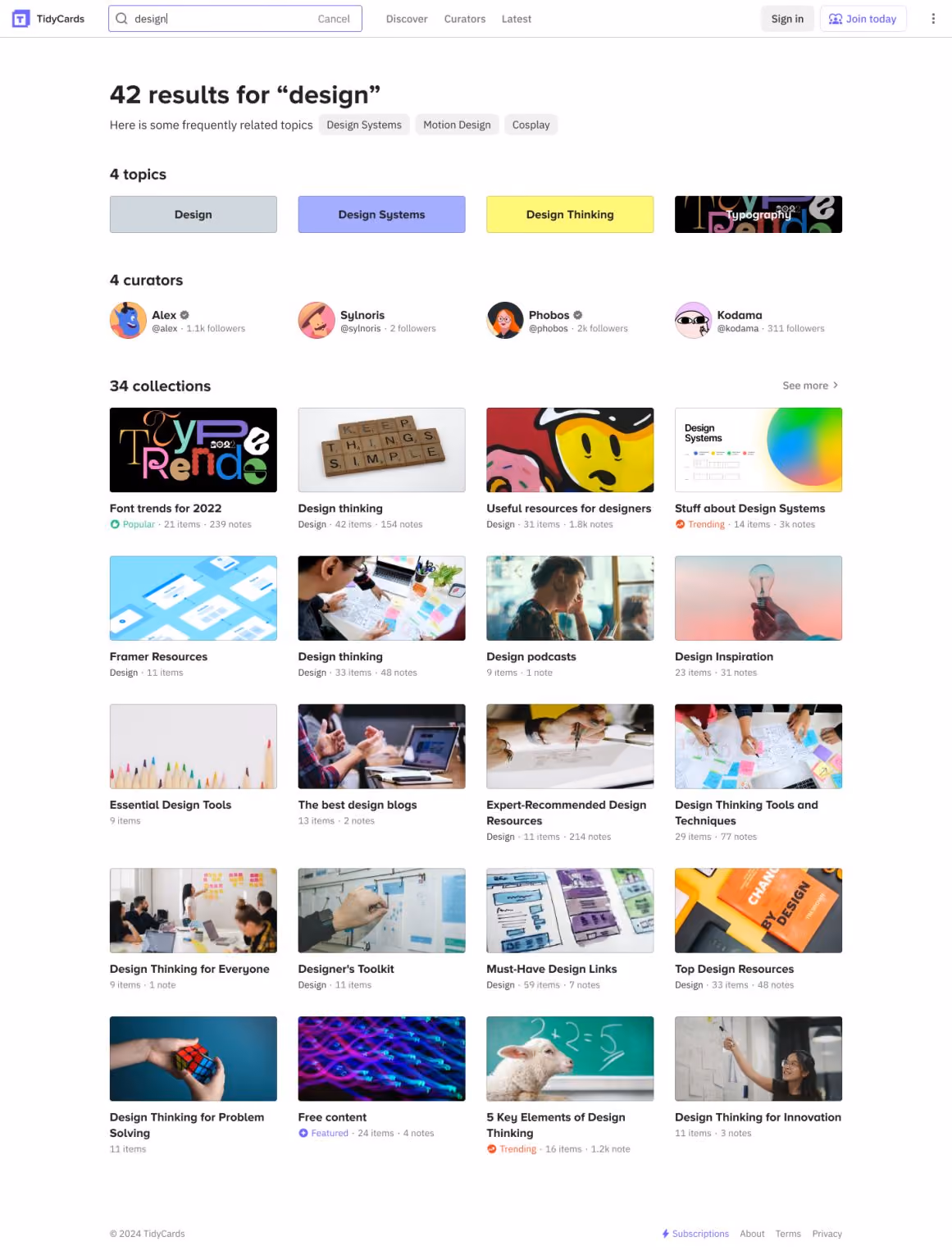 Search results page with topics, curators and lists