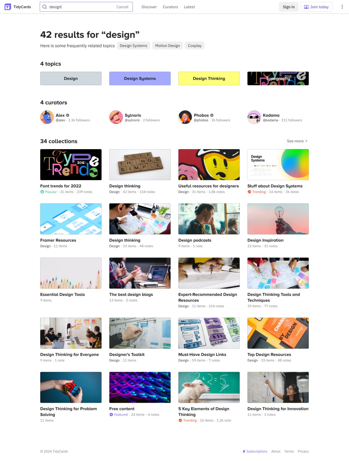 Search results page with topics, curators and lists