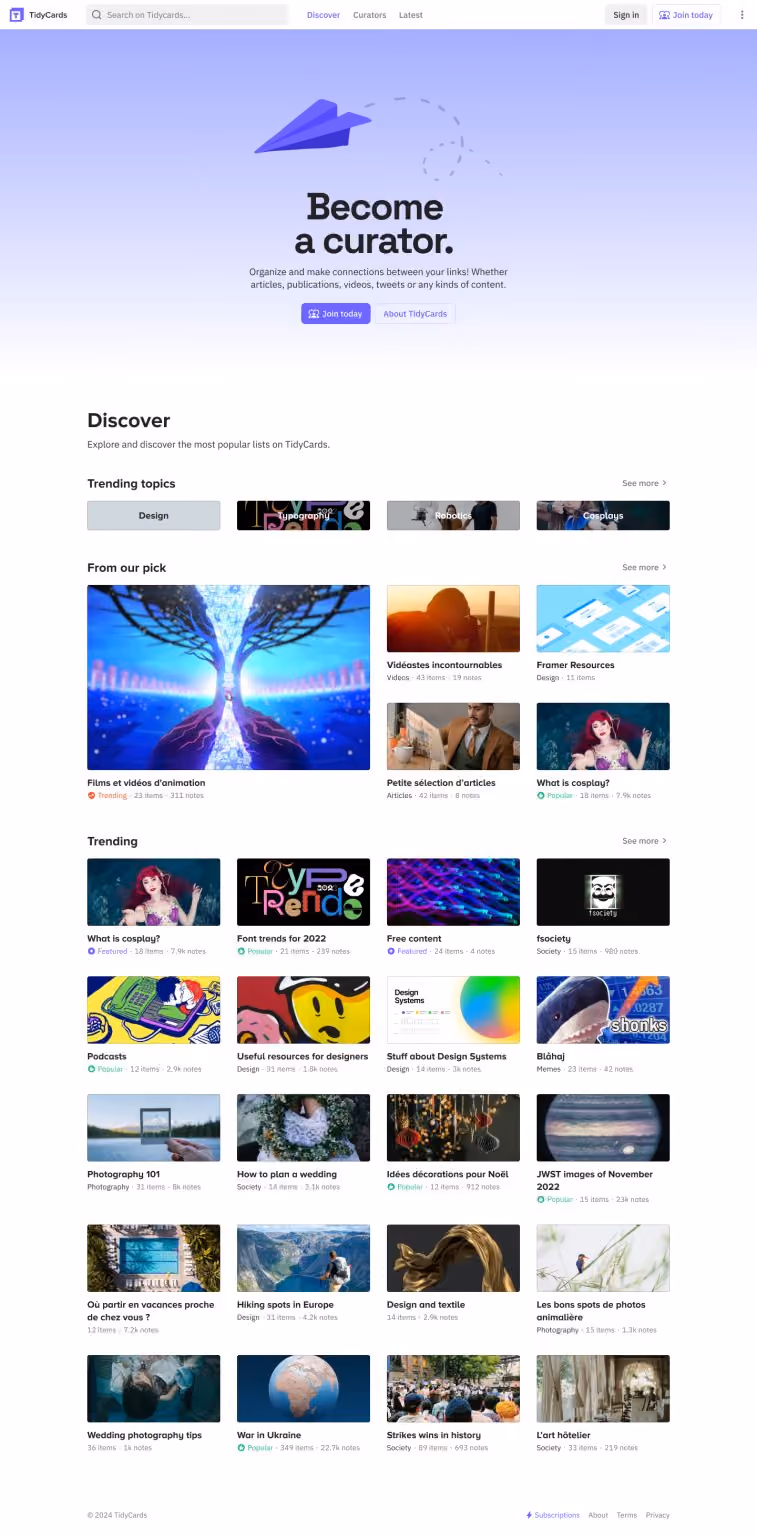 TidyCards' discover page with trending topics and lists