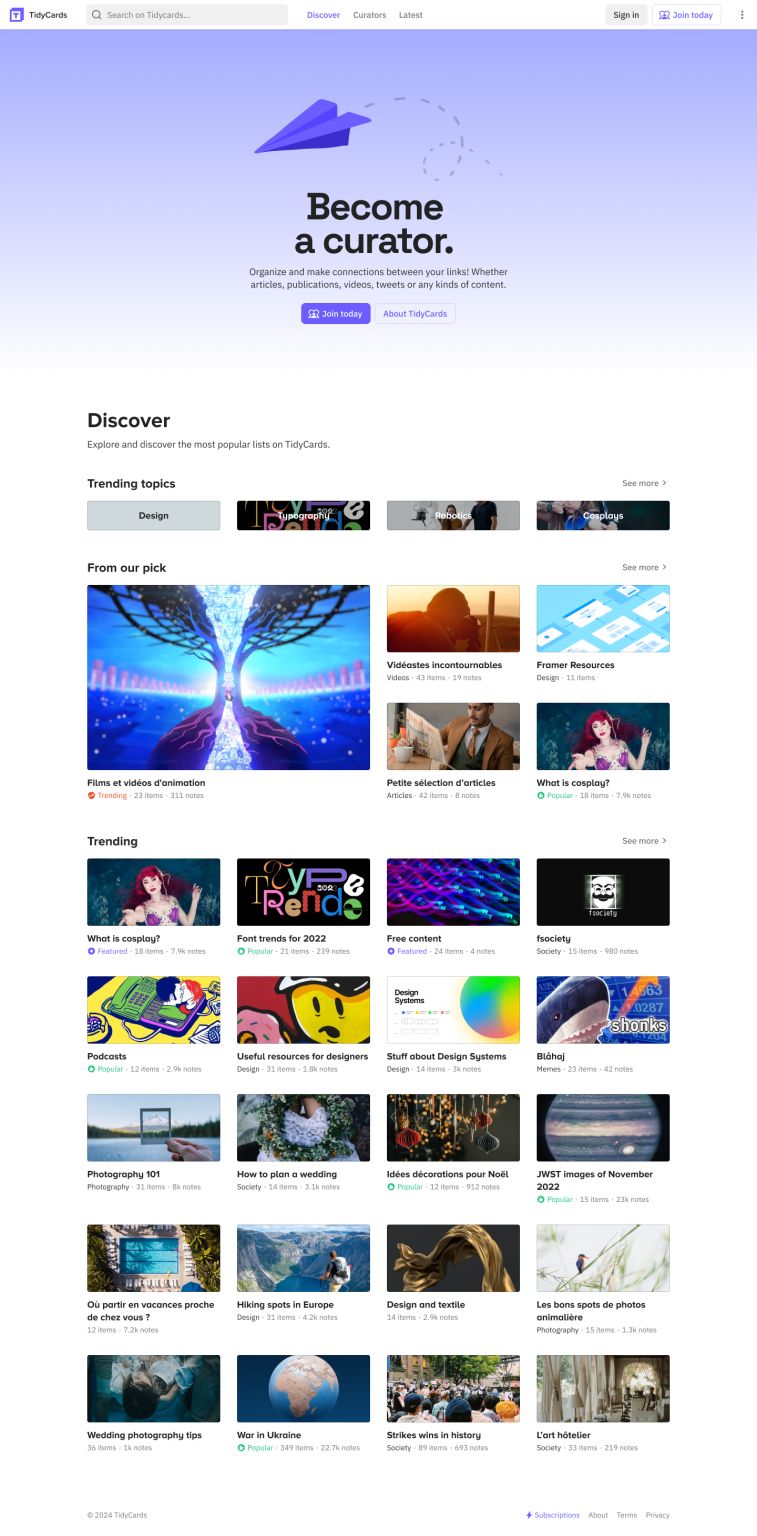 TidyCards' discover page with trending topics and lists