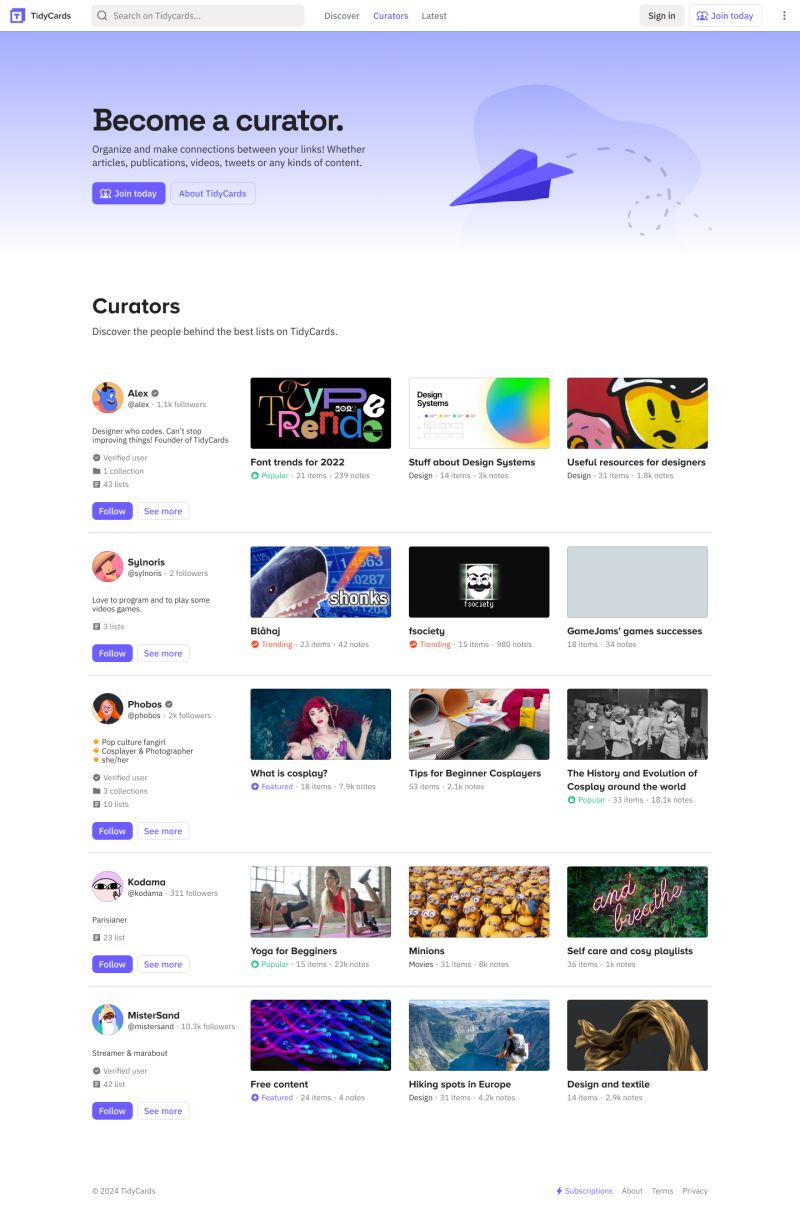 TidyCards' curators page
