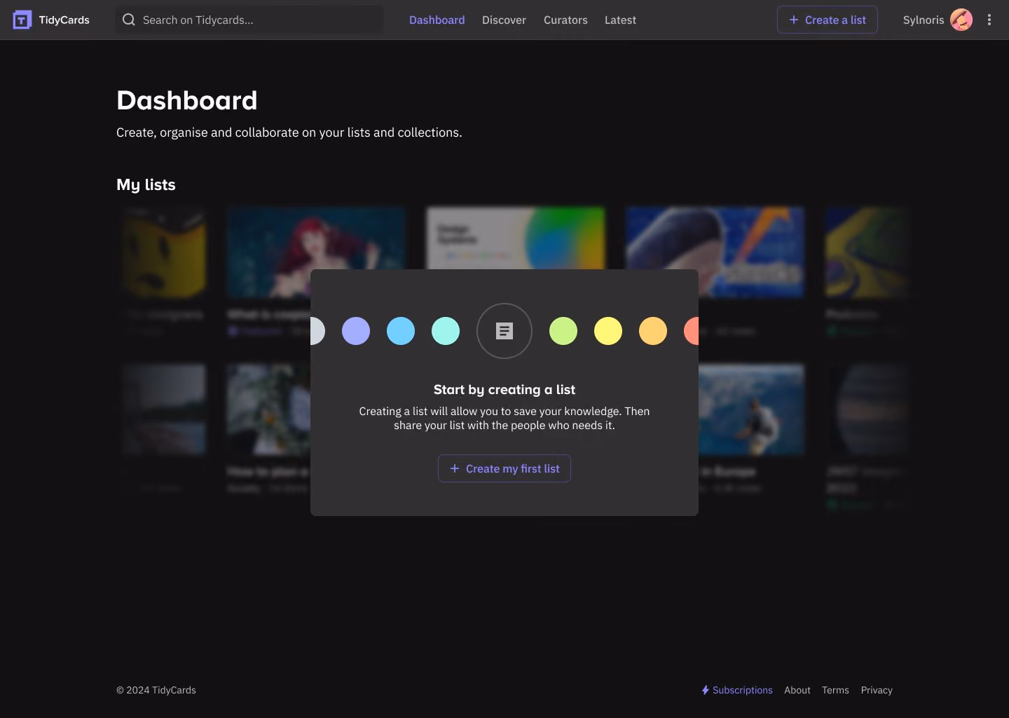 TidyCards' dashboard in dark mode