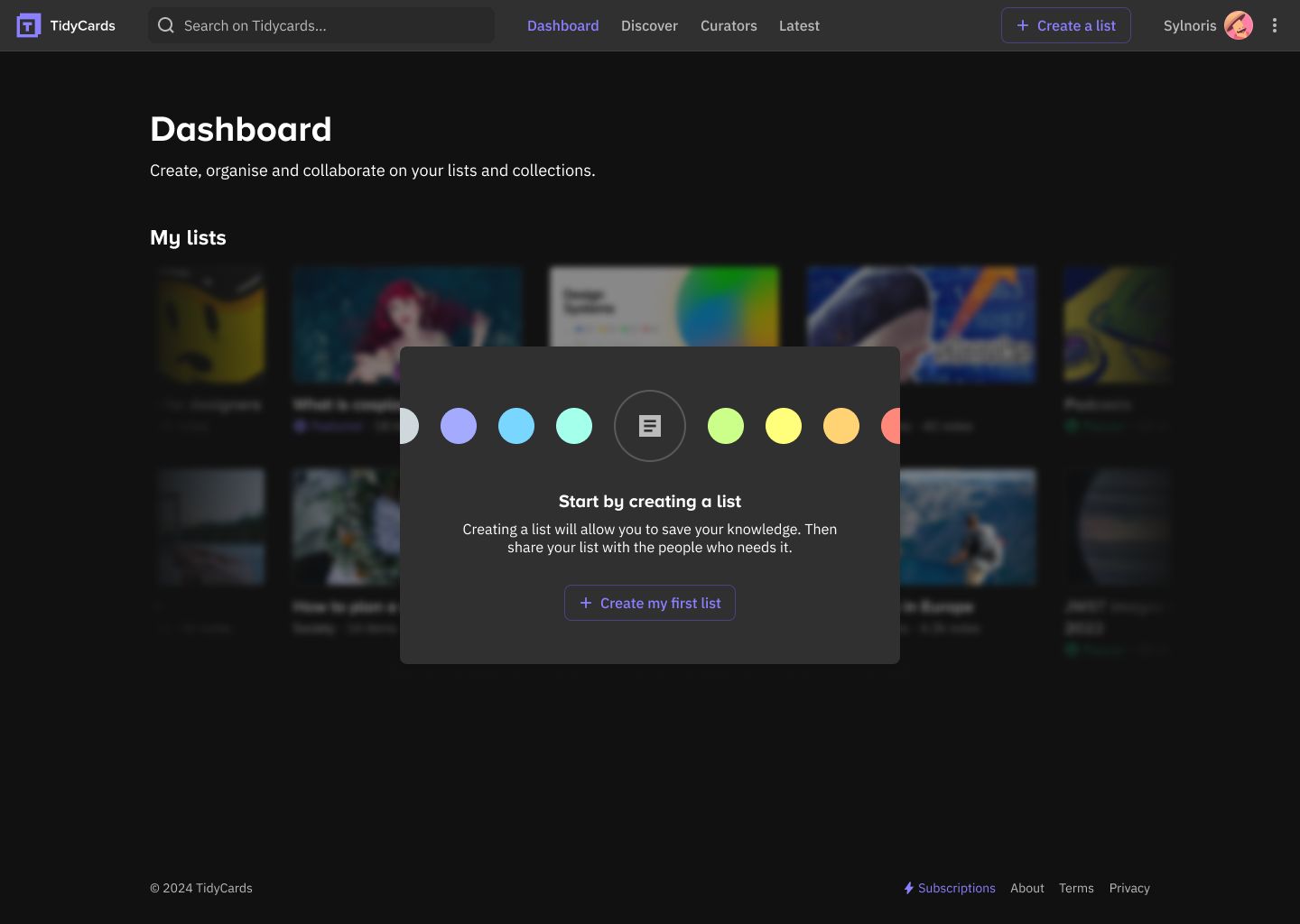 TidyCards' dashboard in dark mode