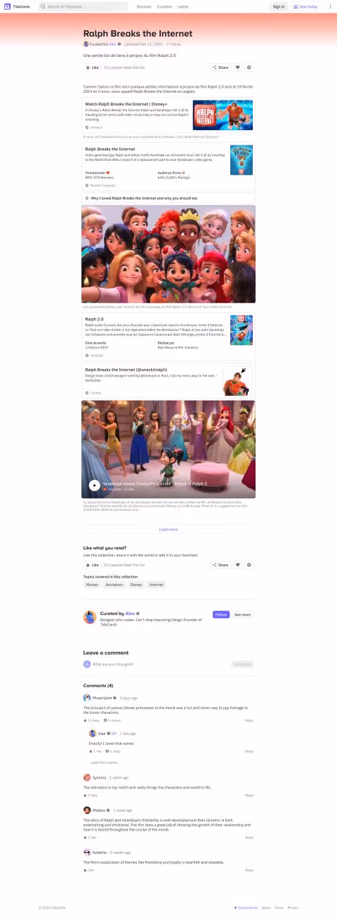 A list page filled with links, videos and texts
