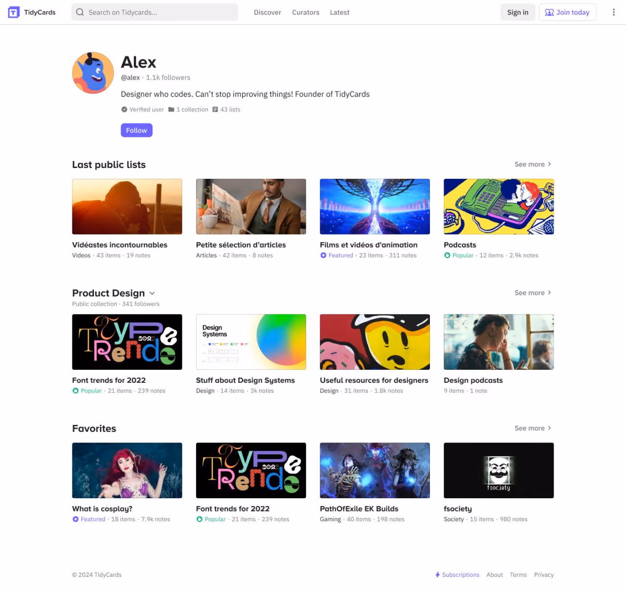 A user profile with public lists and collections