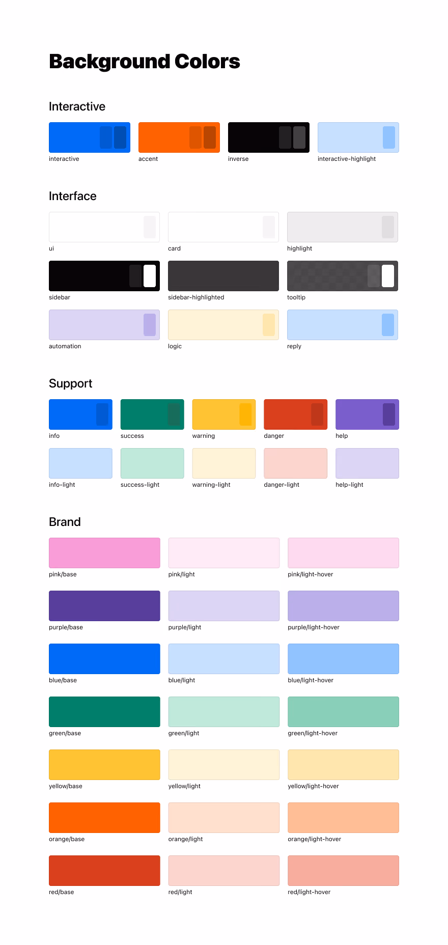 A list of color tokens for the light mode