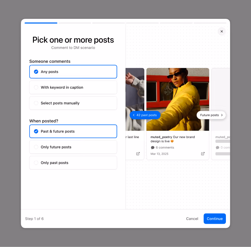 A comment-to-DM automation configuration modal.