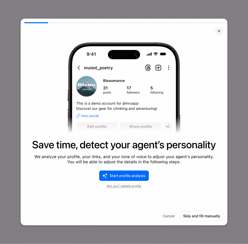 An AI agent configuration modal where you can connect your Instagram account.