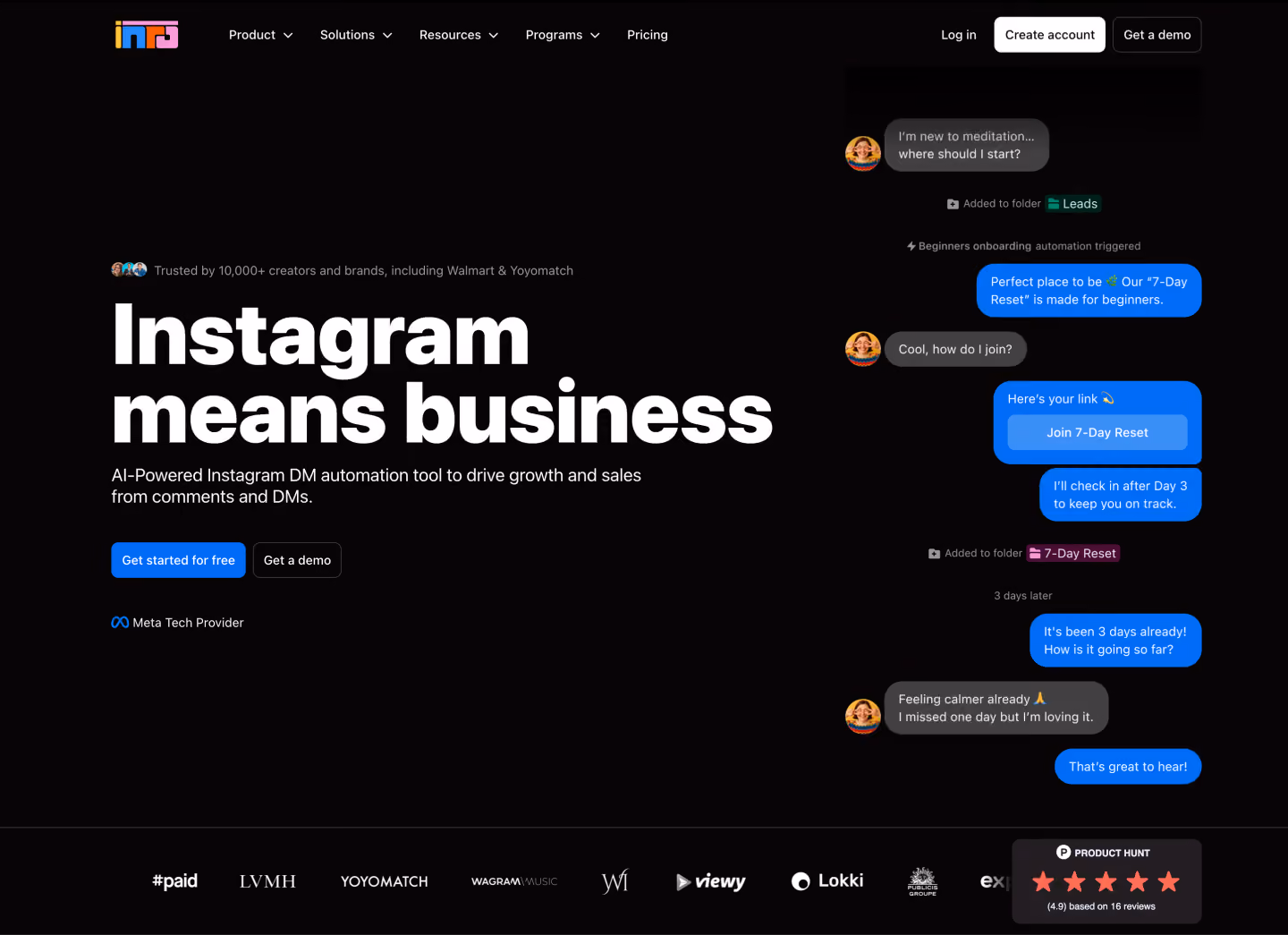 New Inro's landing page with a big title and an animation with blue chat bubbles.