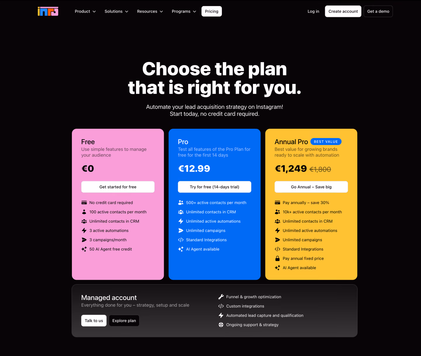 Inro's pricing page