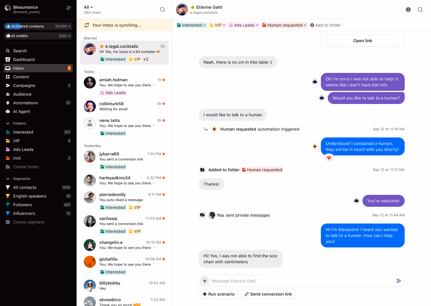 Inrō's inbox on desktop, light version