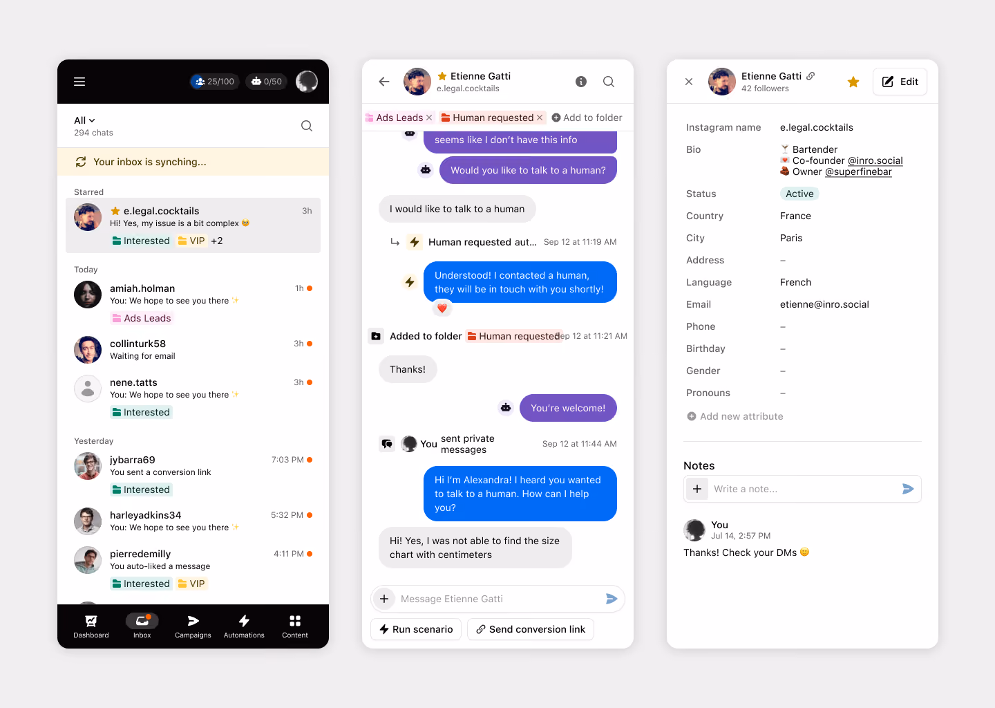 Inrō's inbox, message history and contact panel on mobile