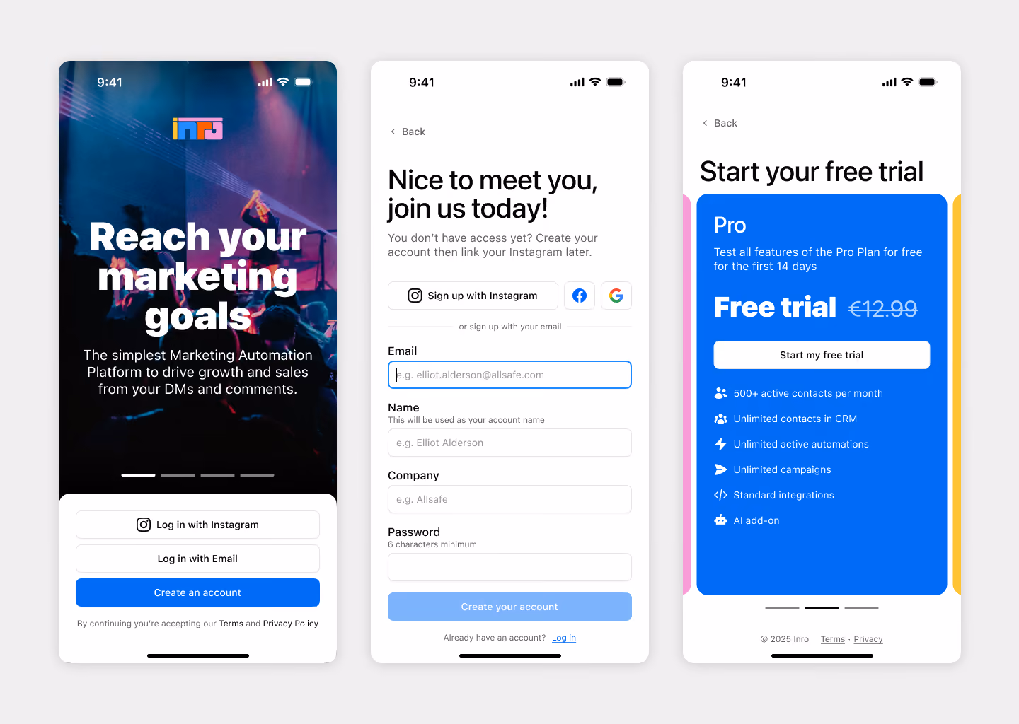 Mobile onboarding, 3 steps visible