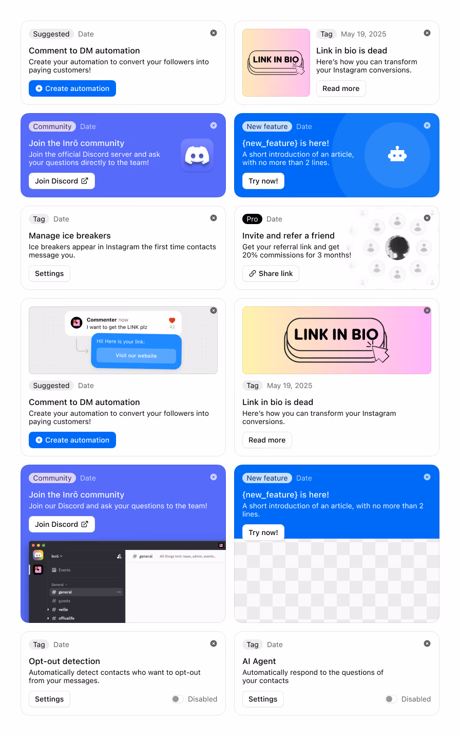 Overview of different dashboard card types