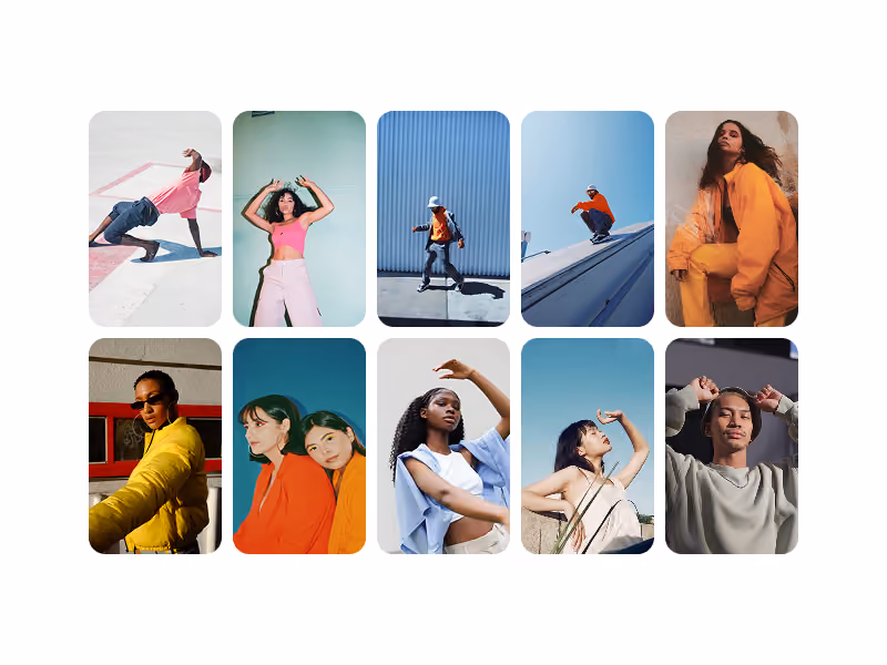 Brand photos with people in motion or portraits with color contrasts